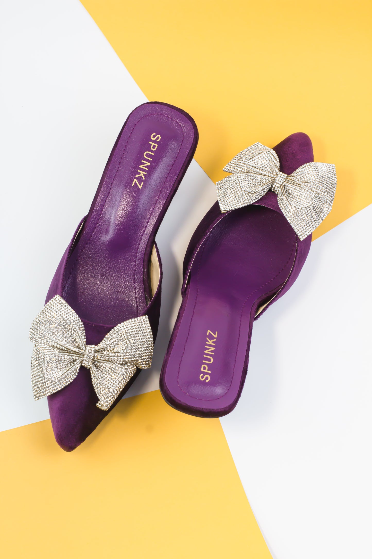 Emma Rhinestones Bow Purple Velvet Mules - Spunkz