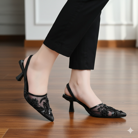 Black Floral Embroidery Slingback Heels