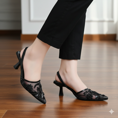 Black Floral Embroidery Slingback Heels