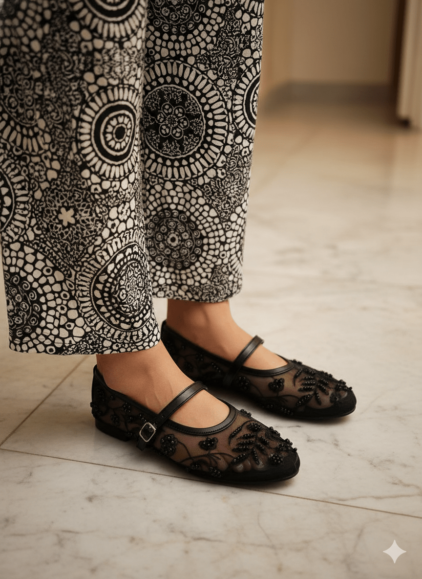 Black Beads Embroidery Ballet Flats - Spunkz
