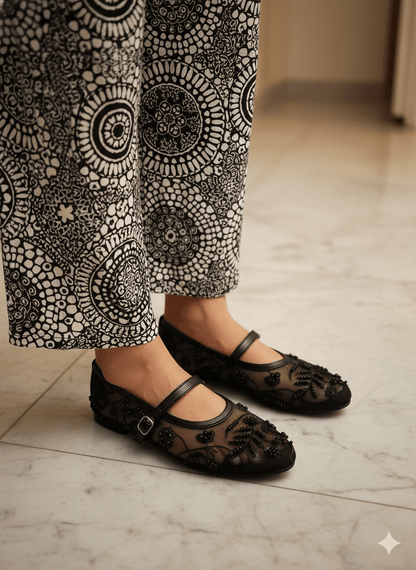 Black Beads Embroidery Ballet Flats - Spunkz