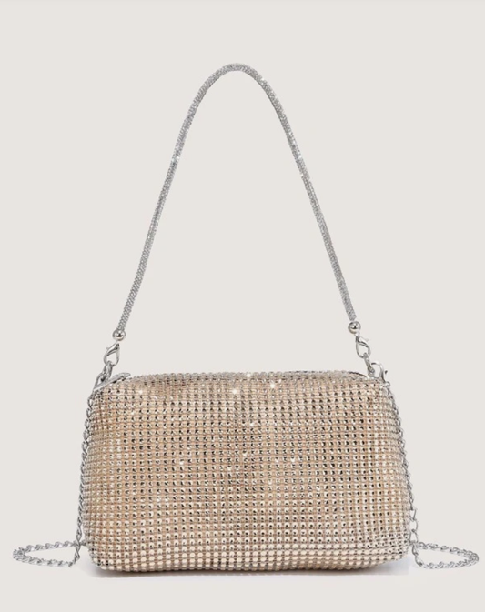 Gold Rhinestone Square Bag with Glitter Bling Chain