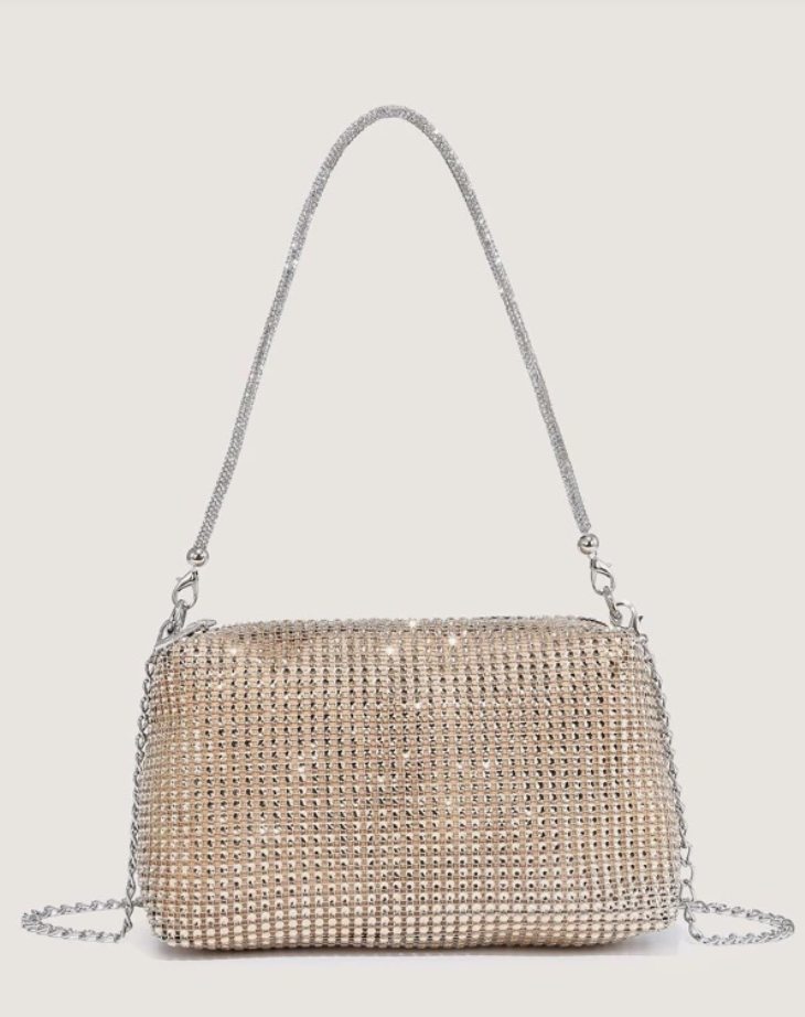 Gold Rhinestone Square Bag with Glitter Bling Chain - Spunkz