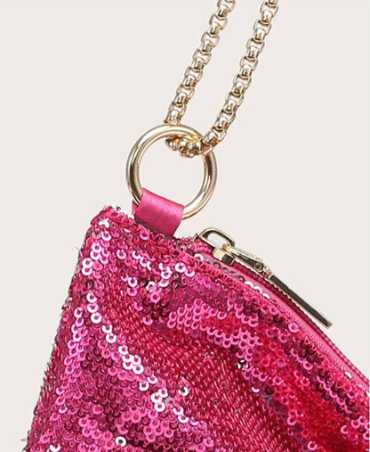 Hot Pink Sparkling Sequin Clutch Bag with Golden Chain - Spunkz