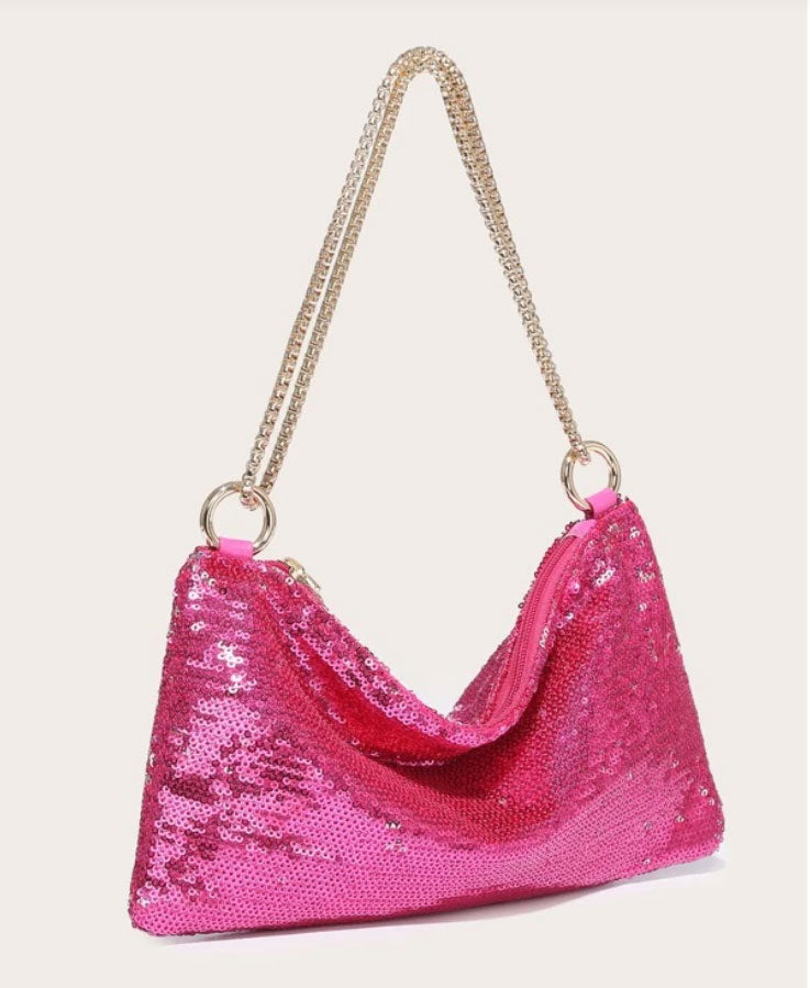 Hot Pink Sparkling Sequin Clutch Bag with Golden Chain - Spunkz