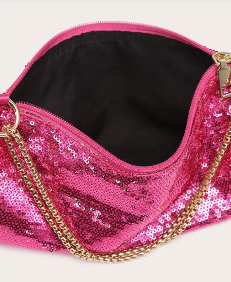 Hot Pink Sparkling Sequin Clutch Bag with Golden Chain