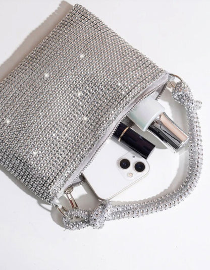 Glitter Bling Silver Rhinestone Evening Bag - Spunkz