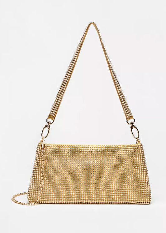Glitter Bling Gold Diamante Clutch Evening Bag