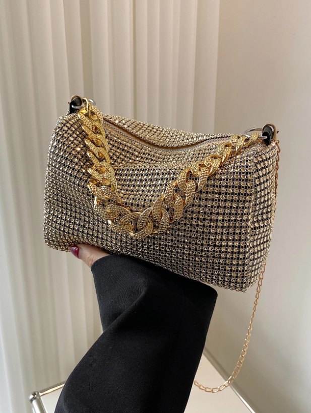 Rhinestone Decor Square Bag with Gold Chain - Spunkz