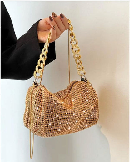 Rhinestone Decor Square Bag with Gold Chain - Spunkz