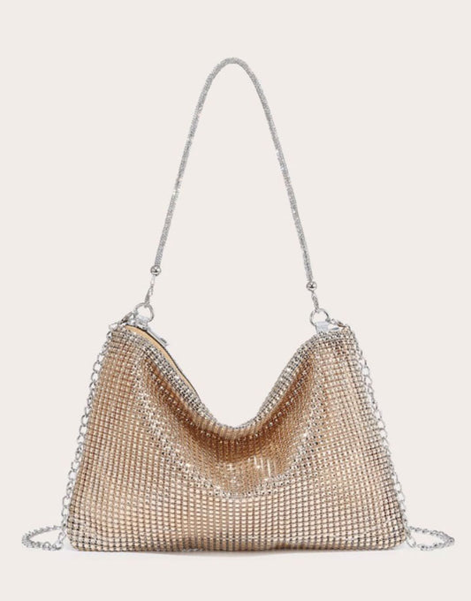 Golden Rhinestone Sparkly Evening Bag with Silver Chain