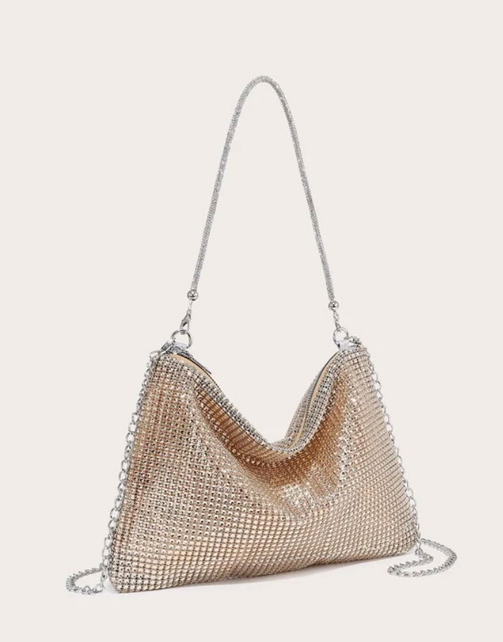 Golden Rhinestone Sparkly Evening Bag with Silver Chain - Spunkz