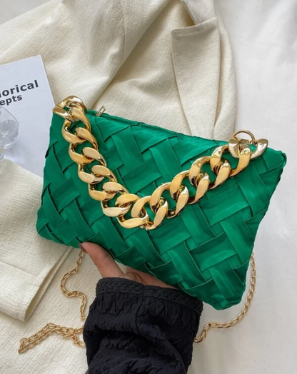 Minimalist Braided Green Square Bag with Golden Chain Straps