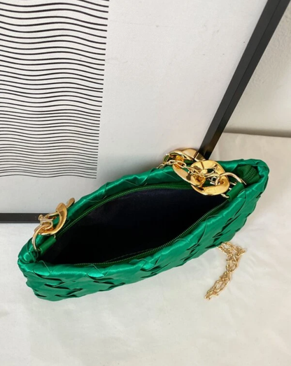 Minimalist Braided Green Square Bag with Golden Chain Straps