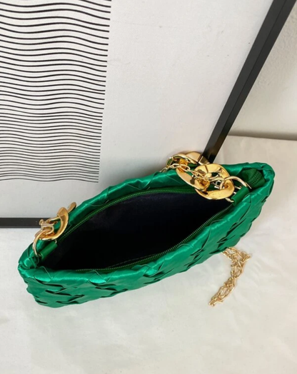 Minimalist Braided Green Square Bag with Golden Chain Straps - Spunkz