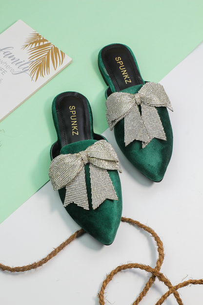 Annabel Green Rhinestone Suede Bow Mules - Spunkz