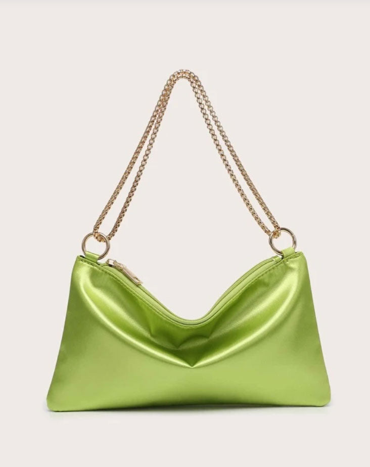 Stylish Lime Green Satin Ring Linked Square Bag - Spunkz