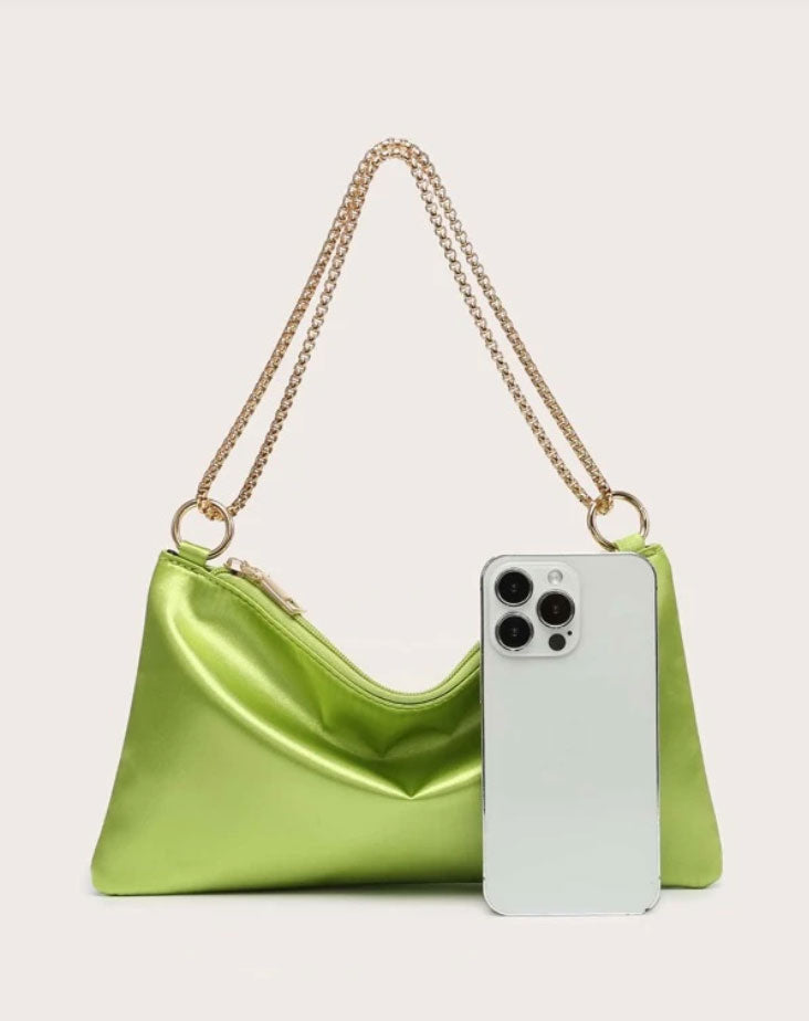 Stylish Lime Green Satin Ring Linked Square Bag