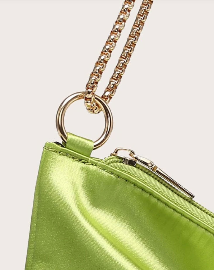 Stylish Lime Green Satin Ring Linked Square Bag