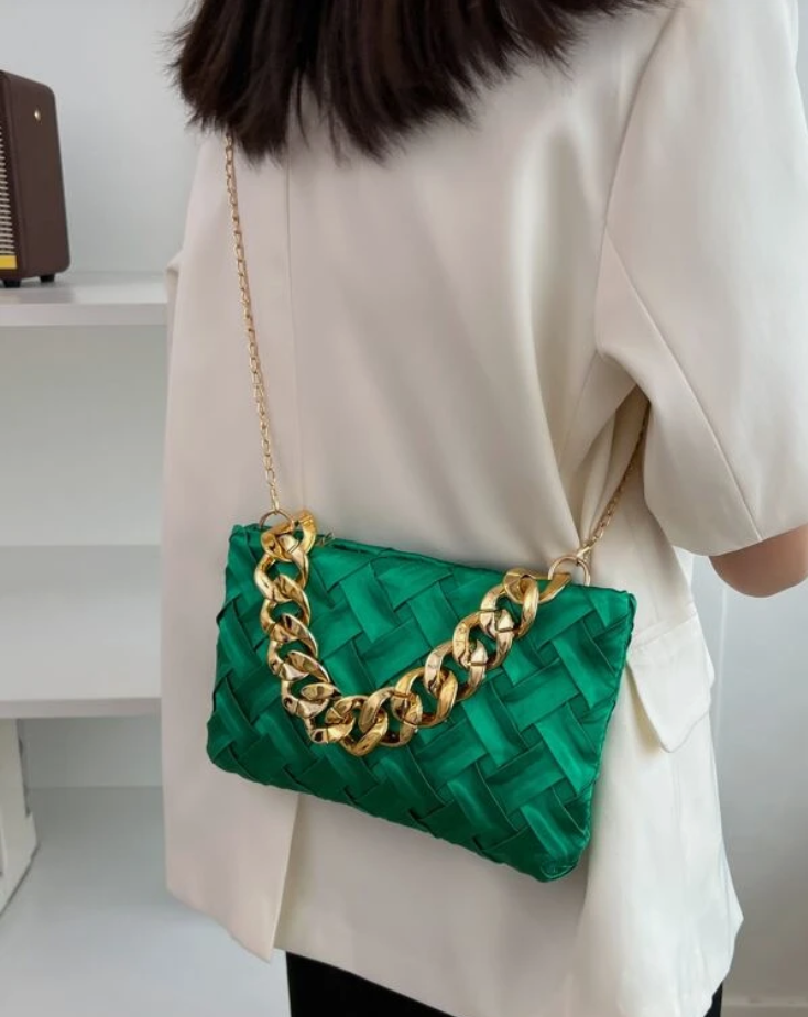 Minimalist Braided Green Square Bag with Golden Chain Straps - Spunkz