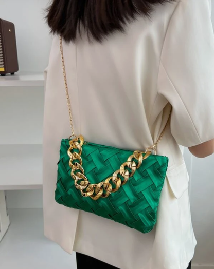 Minimalist Braided Green Square Bag with Golden Chain Straps