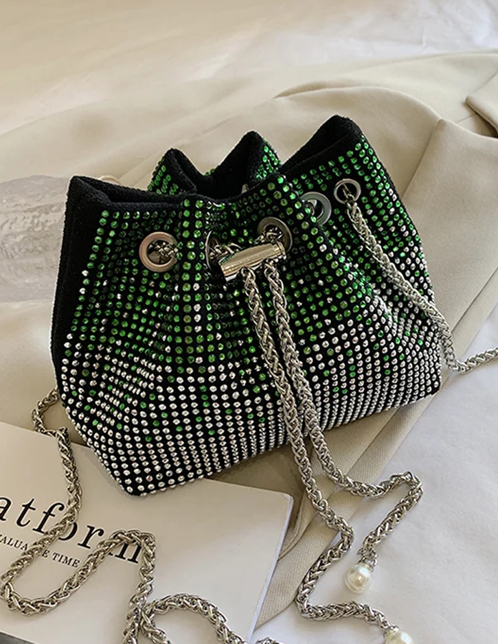 Multicolor Rhinestone Crossbody Chain Bucket Bag - Spunkz