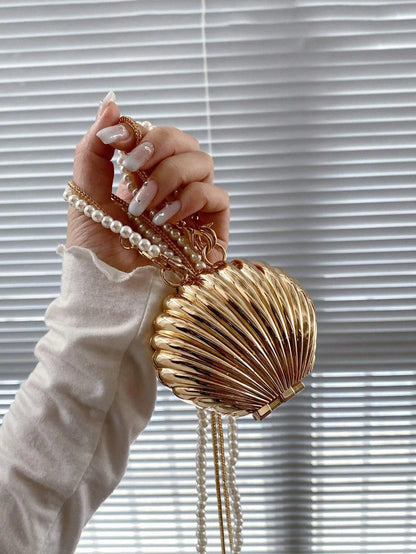 Gold Metal Shell Crossbody Bag with Pearl Chain