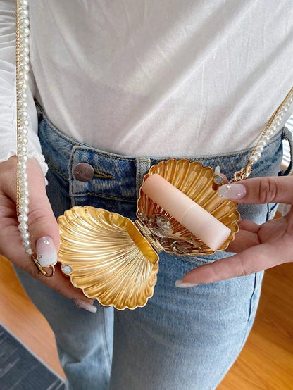 Gold Metal Shell Crossbody Bag with Pearl Chain