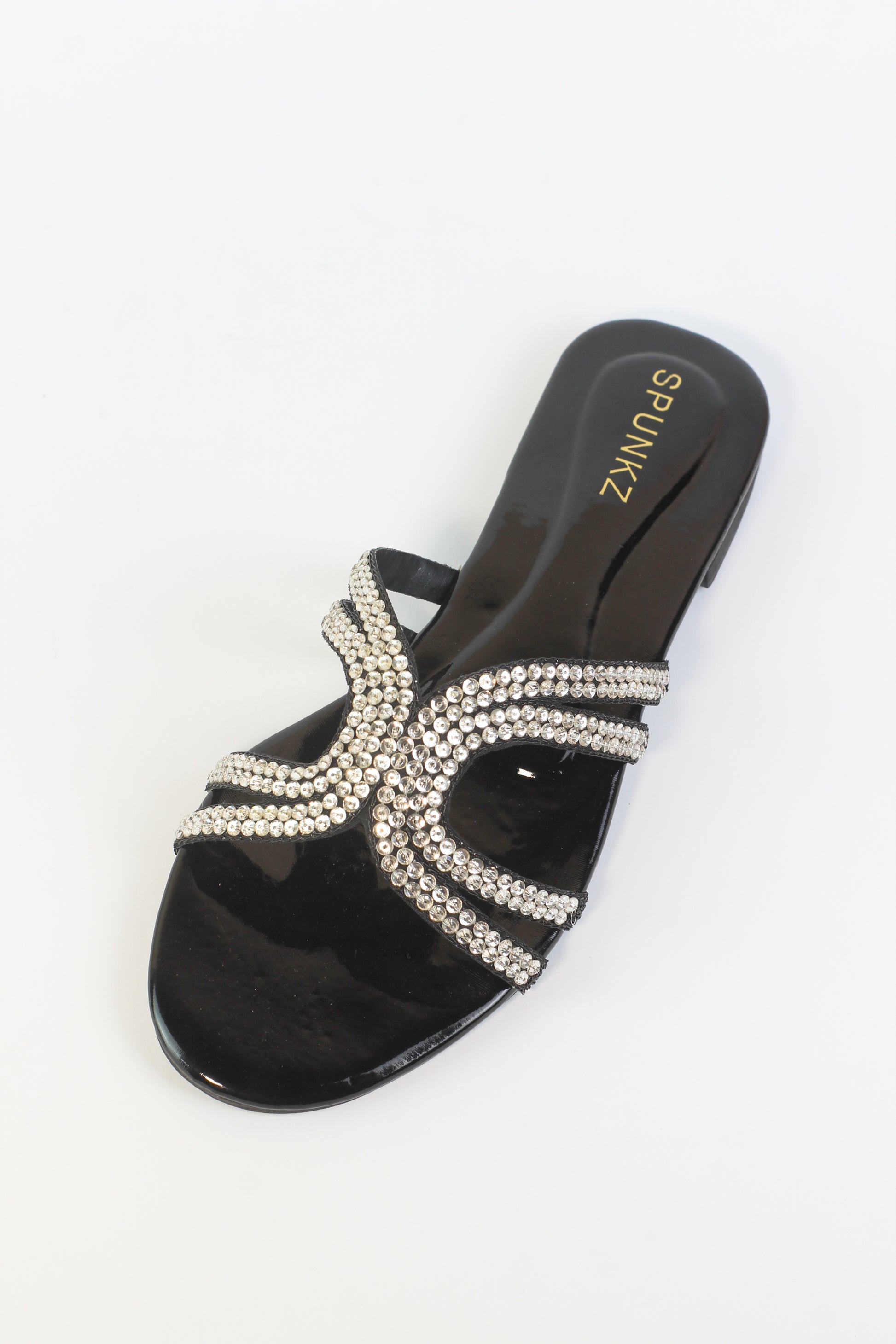 Mila Black Double Strap Crystal Embellished Flat Slides - Spunkz