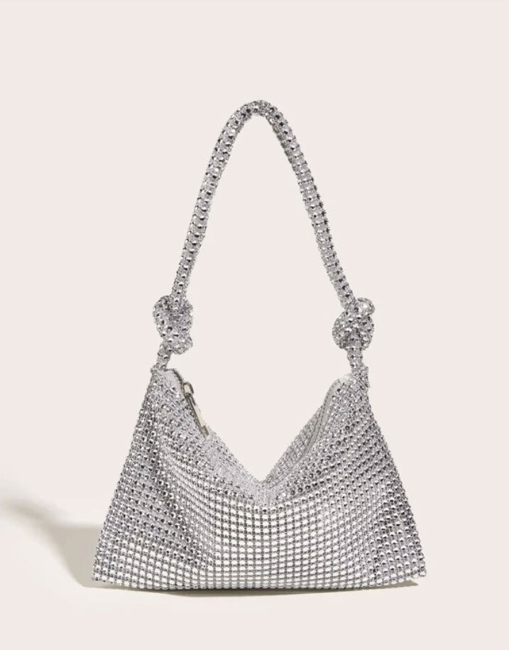 Rhinestone Decor Silver Glamorous Twisted Rope Hobo Bag - Spunkz