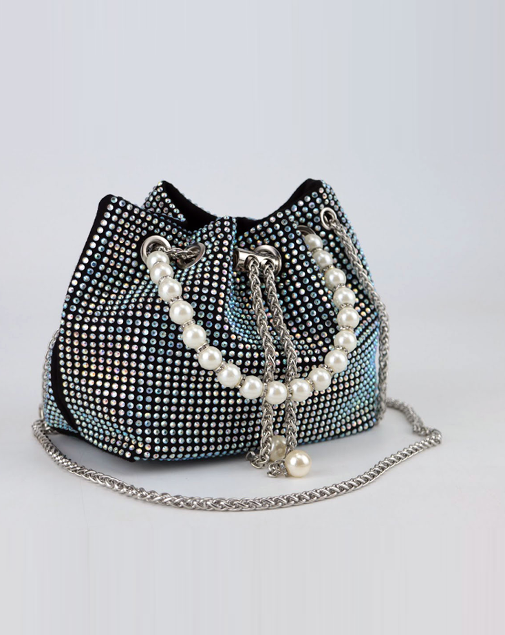 Multi Color Rhinestone Decor Potli Bag with Pearl Chain - Spunkz