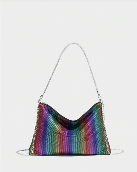 Colorful Rhinestone Decor Zipper Closure Shoulder Bag