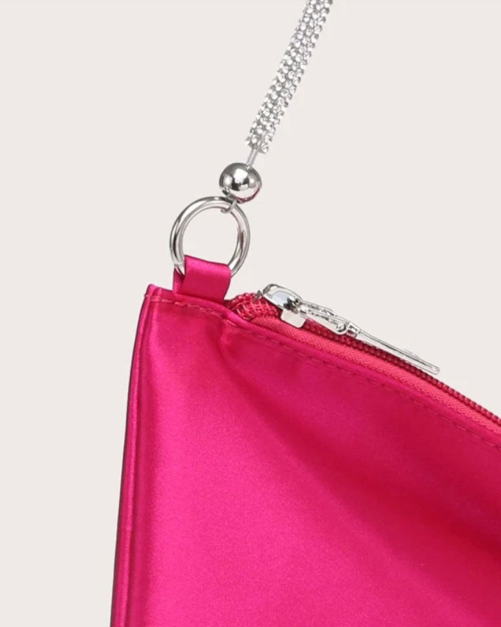 Neon Pink Satin Rhinestone Chain Purse Handbag
