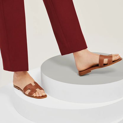 Hania Iconic Brown "H" Cut-Out Faux Leather Flat Slides - Spunkz