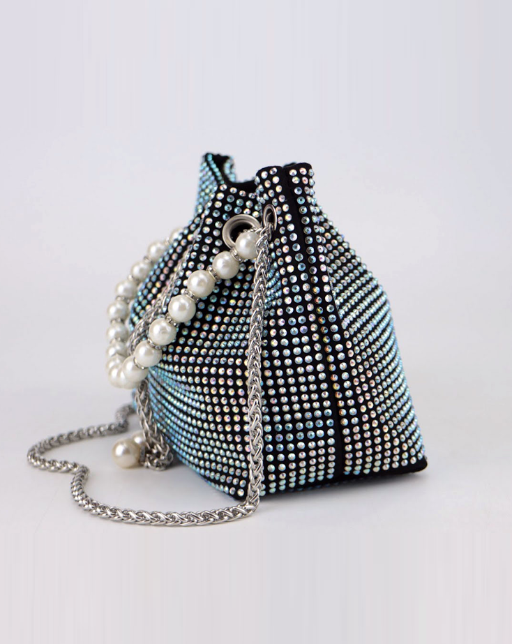 Multi Color Rhinestone Decor Potli Bag with Pearl Chain - Spunkz