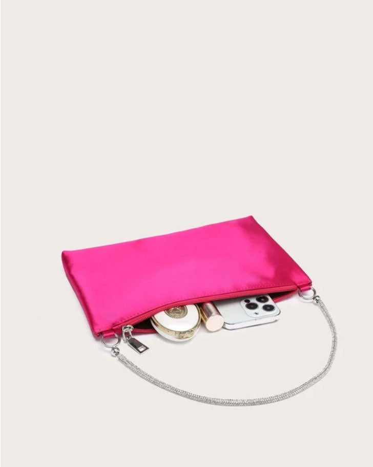 Neon Pink Satin Rhinestone Chain Purse Handbag - Spunkz