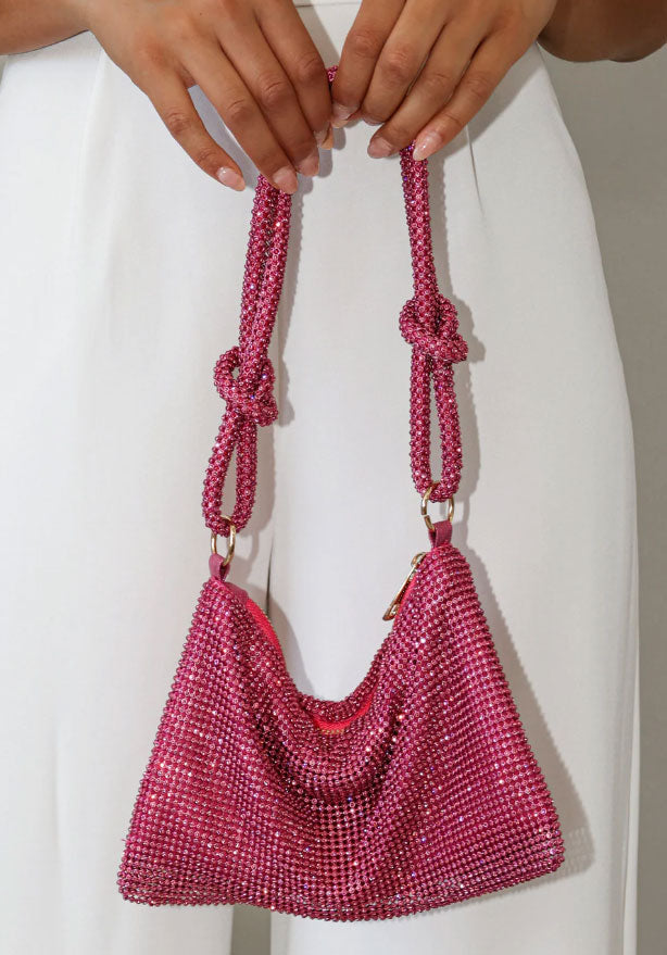 Hot Pink Rhinestone and Faux Pearl Crossbody Bag - Spunkz