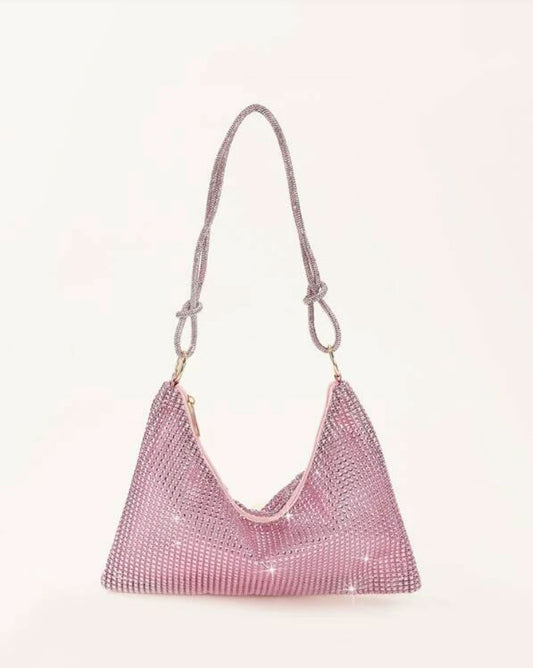 Glitter Bling Pink Hobo Bag with Rhinestone Decor
