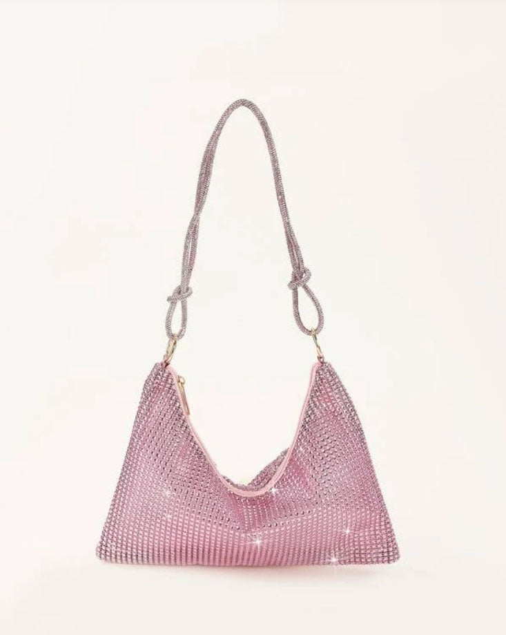 Glitter Bling Pink Hobo Bag with Rhinestone Decor - Spunkz