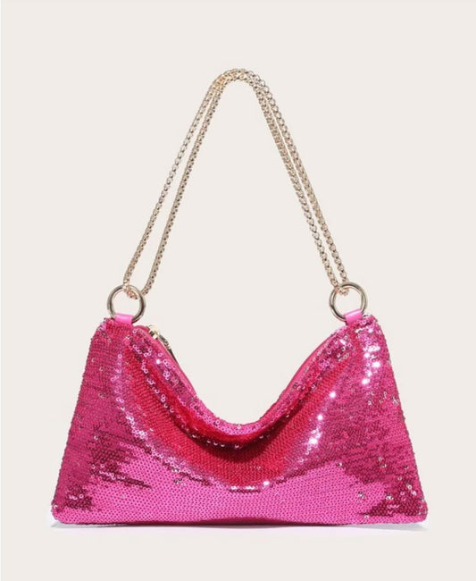 Hot Pink Sparkling Sequin Clutch Bag with Golden Chain