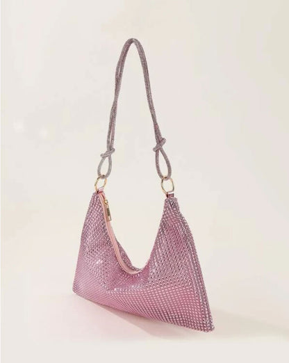 Glitter Bling Pink Hobo Bag with Rhinestone Decor - Spunkz