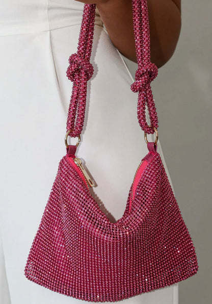 Hot Pink Rhinestone and Faux Pearl Crossbody Bag - Spunkz