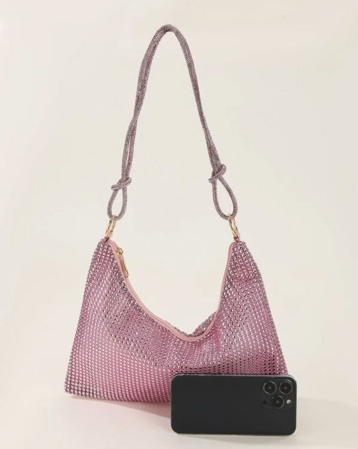 Glitter Bling Pink Hobo Bag with Rhinestone Decor - Spunkz