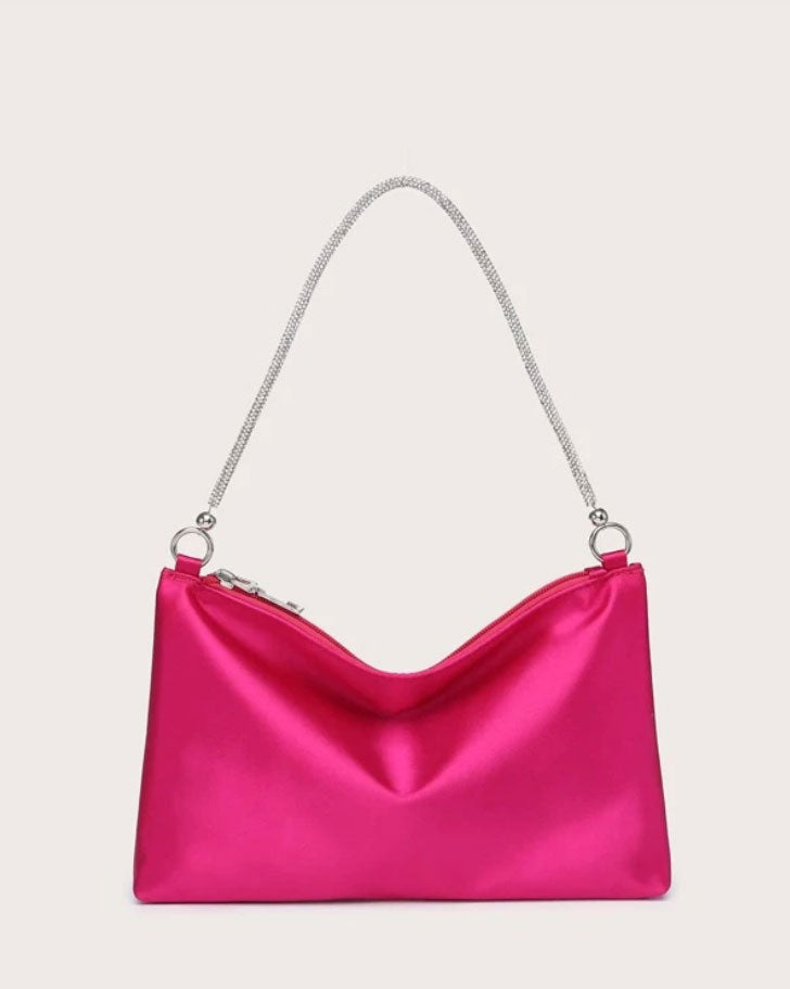 Neon Pink Satin Rhinestone Chain Purse Handbag - Spunkz