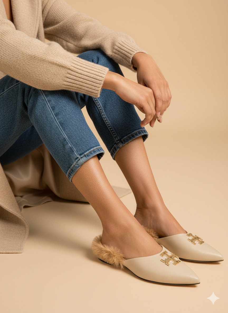 Eleanor Pointed Fur Mule Flats