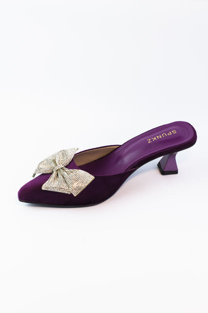 Emma Rhinestones Bow Purple Velvet Mules - Spunkz