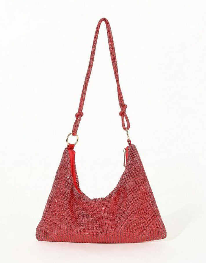 Shiny Rhinestone Glitter Bling Decor Red Hobo Bag - Spunkz