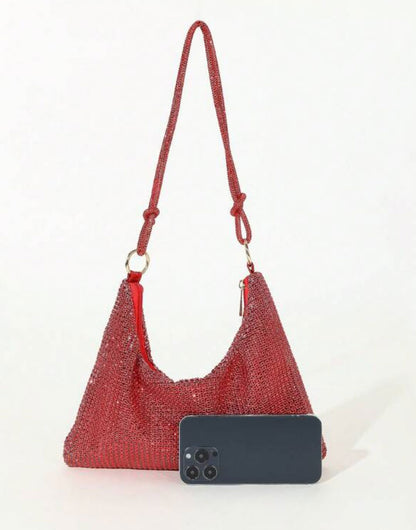 Shiny Rhinestone Glitter Bling Decor Red Hobo Bag - Spunkz