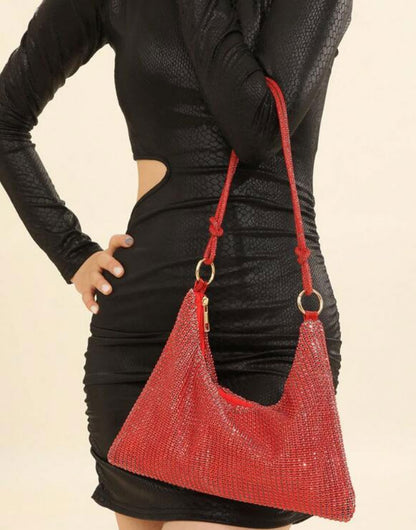 Shiny Rhinestone Glitter Bling Decor Red Hobo Bag - Spunkz