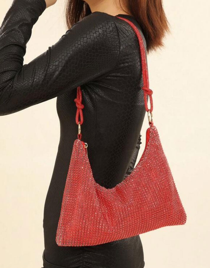 Shiny Rhinestone Glitter Bling Decor Red Hobo Bag - Spunkz